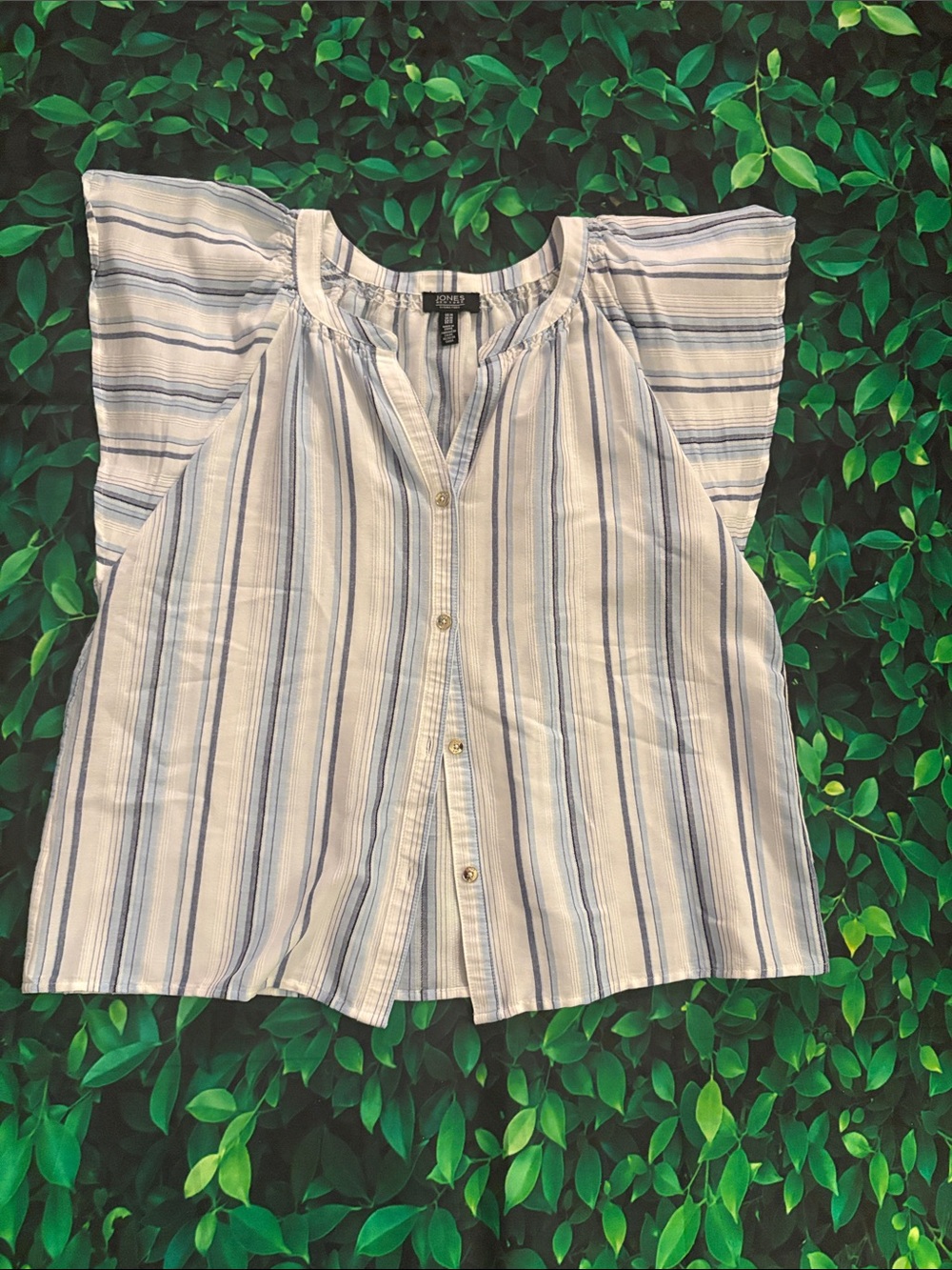 Jones New York White and Light Blue Striped Button-Down Top